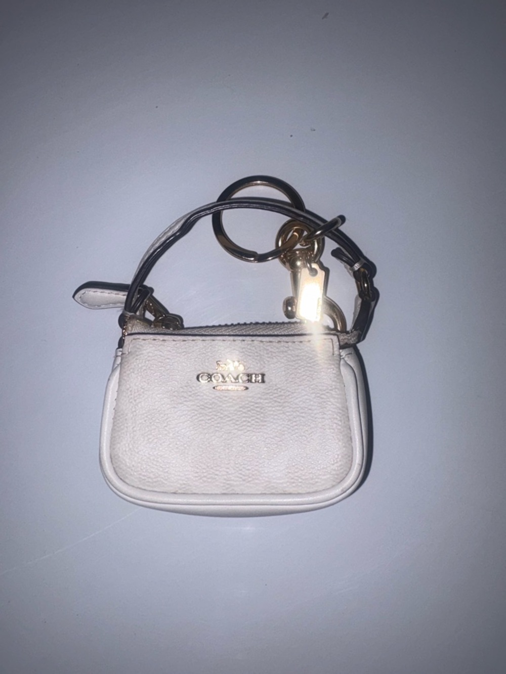 Coach White Leather Mini Pouch Key Ring with Gold-Tone Hardware